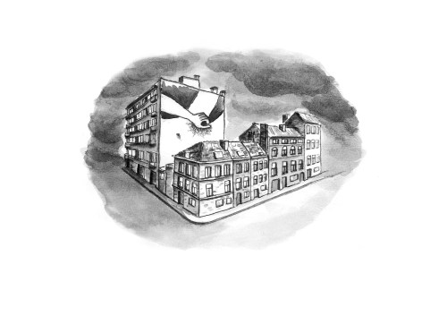 Indian ink illustration of a Brussels street view